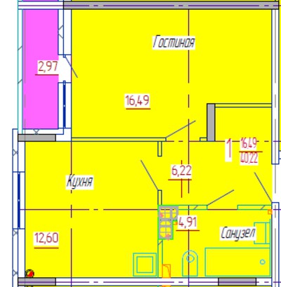 1-комнатная квартира 40 кв. м.