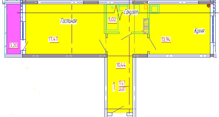 1-комнатная квартира 47 кв. м.