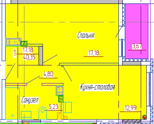 1-комнатная квартира 40 кв. м.