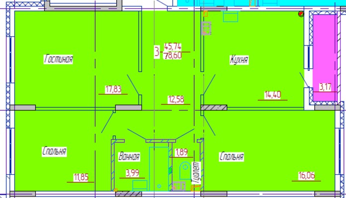 3-комнатная квартира 78 кв. м.