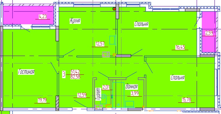 3-комнатная квартира 82 кв. м.