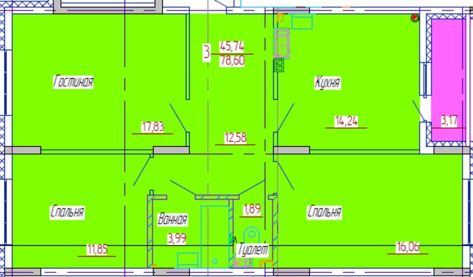 3-комнатная квартира 78 кв. м.