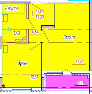 1-комнатная квартира 37 кв. м.