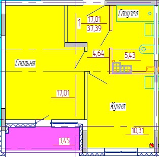 1-комнатная квартира 37 кв. м.
