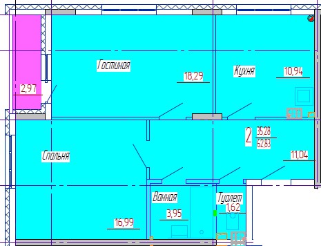 2-комнатная квартира 62 кв. м.